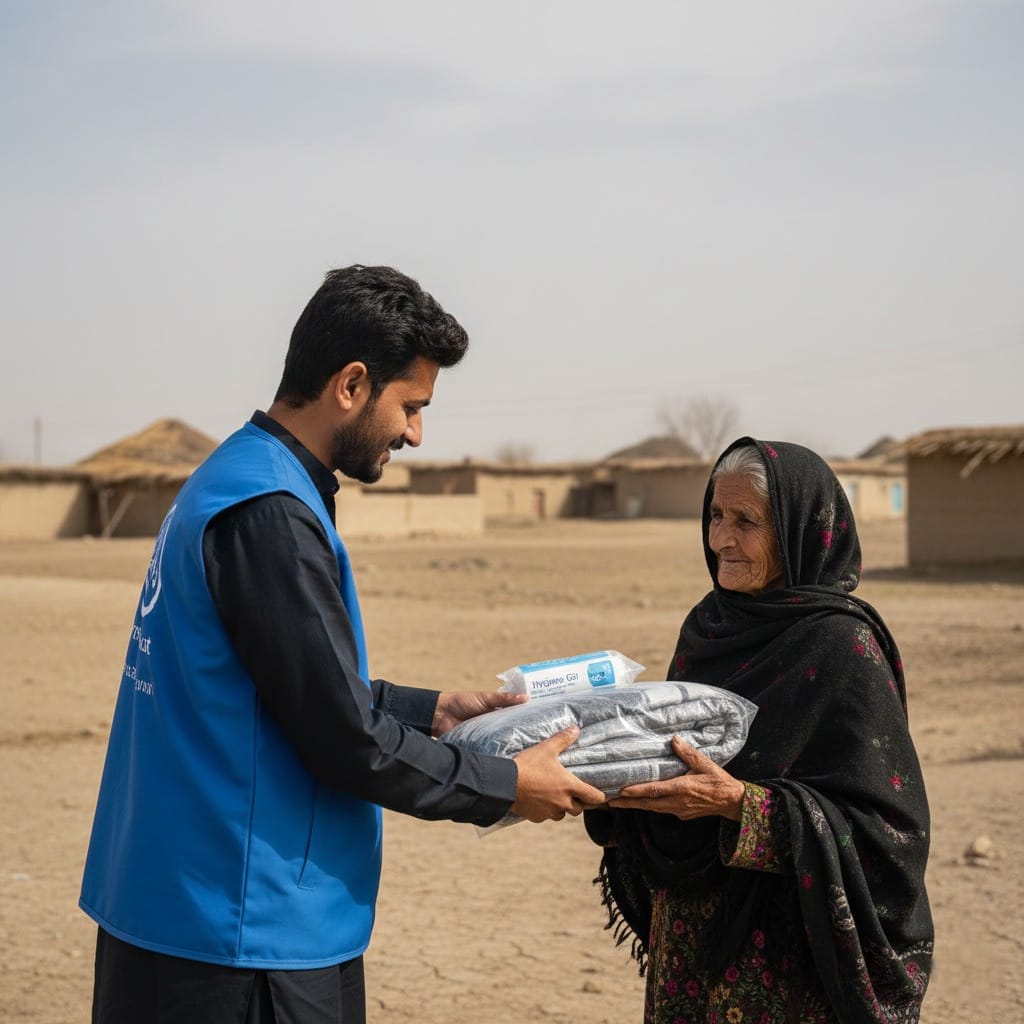 A THTA volunteer handing a blanket and hygiene kit to an elderly woman