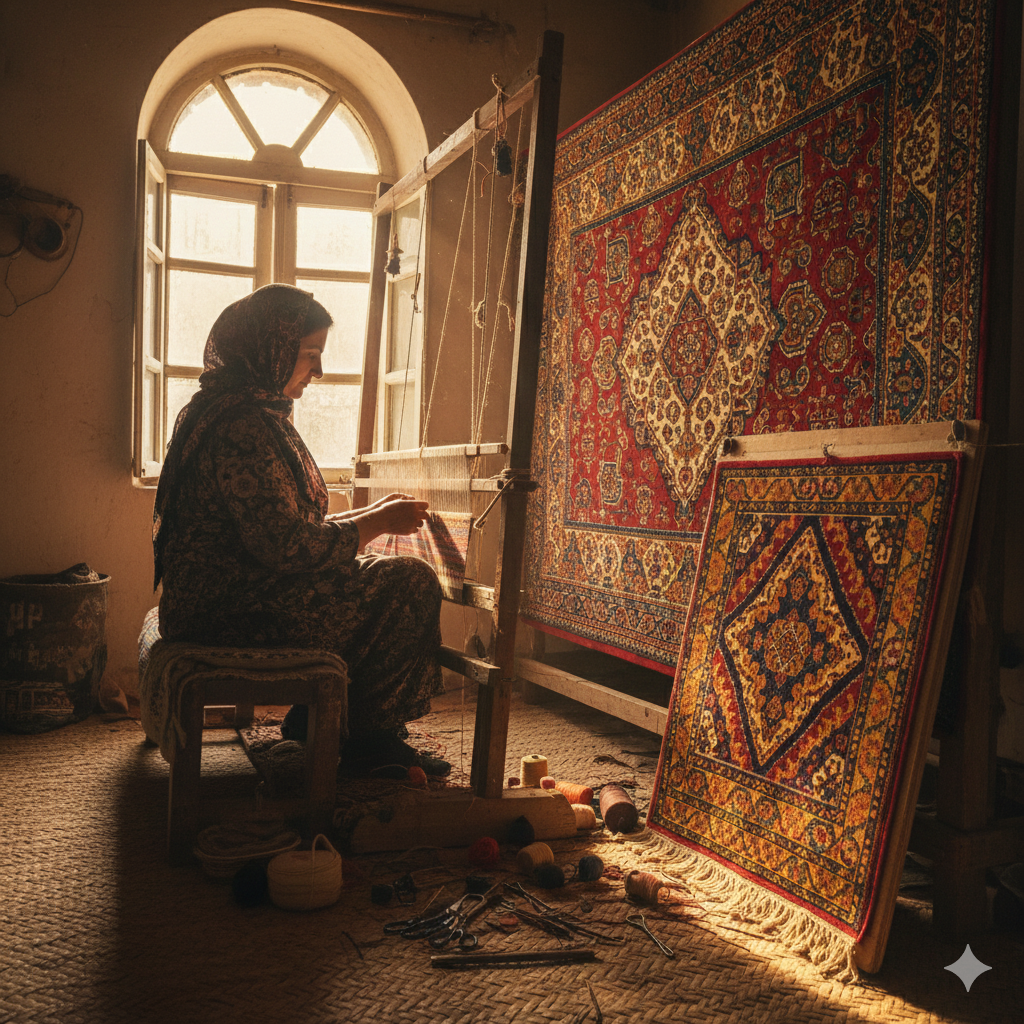 A woman weaving a carpet on a traditional loom