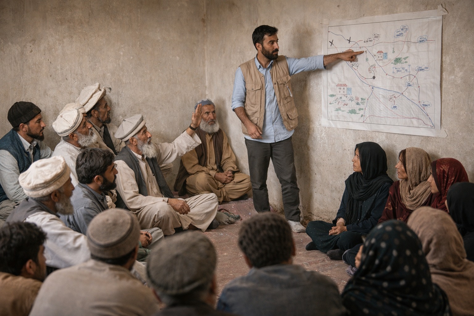 THTA staff and villagers planning together around a hand-drawn community map