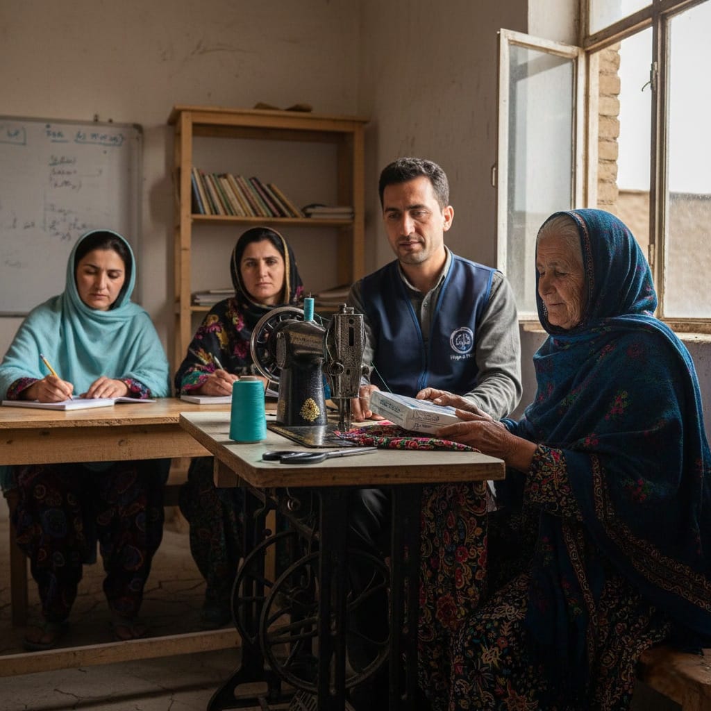 THTA trainer teaching women to sew in a classroom