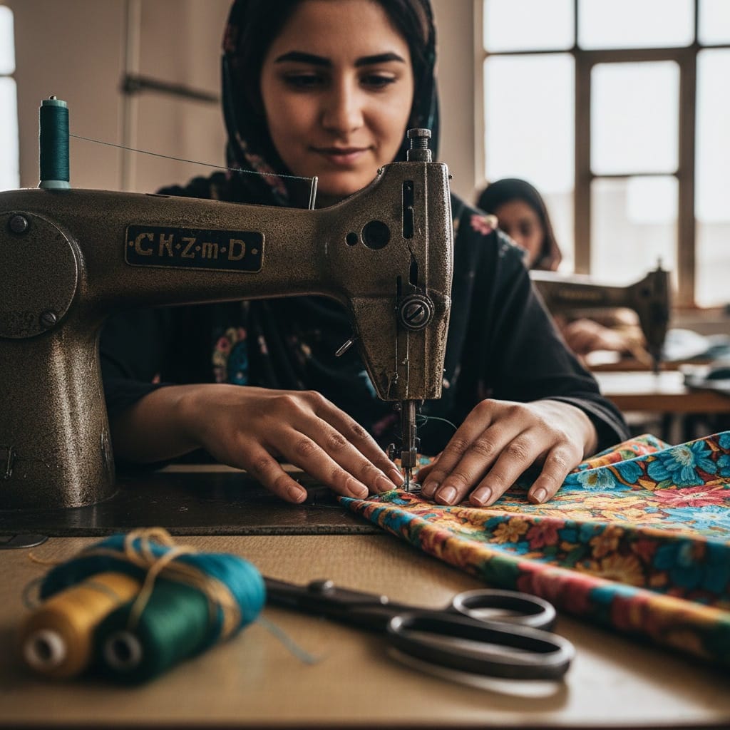 A young woman sewing colorful fabric at a training workshop